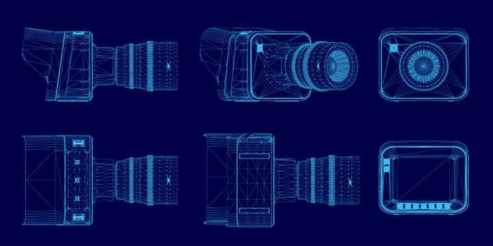 A detailed blueprint of a camera on a blue background, showcasing its wireframe design and internal components. The technical illustration highlights lens, body, and button placements.