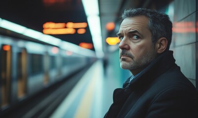 Businessman with a sad or tired expression, returning from work via subway, reflecting the emotional strain of overwork and lack of free time, Generative AI