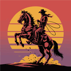 Fototapeta premium Colorful Vector illustration of cowboy riding a horse in sunrise for poster, cards, print ready