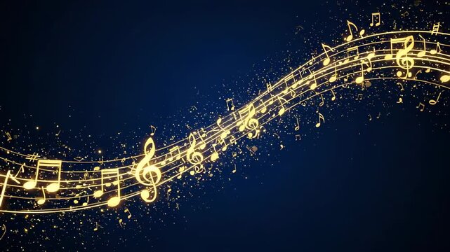 Golden Music Notes Flowing on Dark Background.