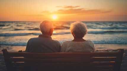 Elderly couple sharing a quiet moment on a beach bench at sunset, love and companionship in golden light