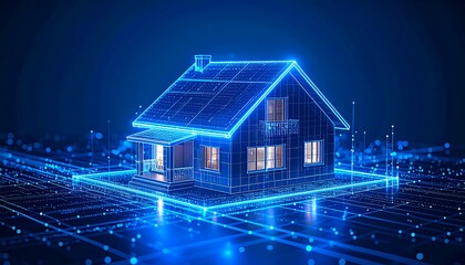Futuristic Blue House Illustration Depicting Smart Home Technology and Digital Connectivity