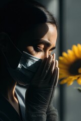 Reflective healthcare worker with a face mask and gloves in deep thought, leaning against window with warm sunlight and sunflower, symbolizing hope and healing.