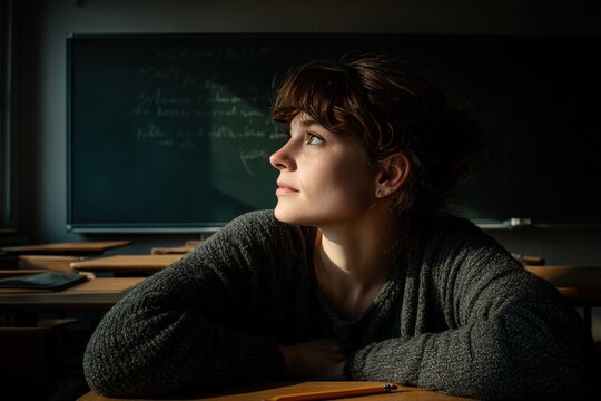 Reflective young woman in a sunlit classroom, daydreaming and contemplating educational future with a blackboard setting, capturing the essence of learning and introspective thought