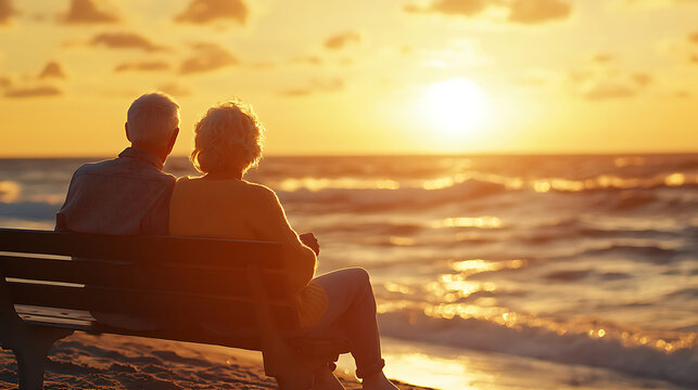 Elderly couple sharing a quiet moment on a beach bench at sunset, love and companionship in golden light