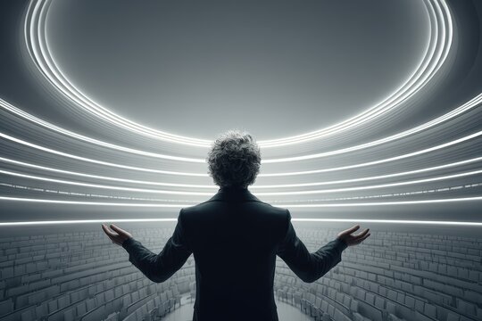 Visionary leader presenting innovative ideas in futuristic auditorium with dramatic lighting and modern design