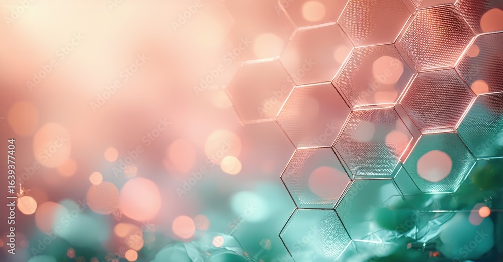 Poster abstract hexagonal pattern blends with soft bokeh. peach, teal hues create futuristic, glowing visua
