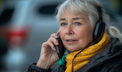 Senior woman talking on the phone, engaged in a conversation, possibly connecting with family or friends, Generative AI