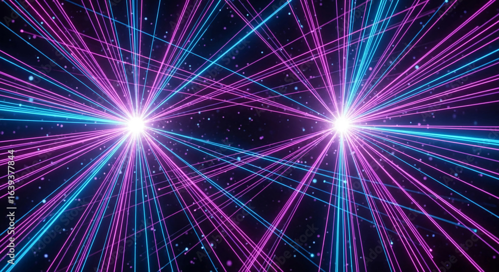 Poster abstract background with bright pink and blue neon laser beams radiating from two central points, cr