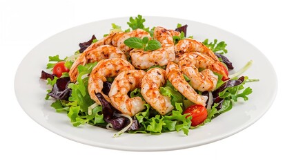 Grilled shrimp served atop a nutritious green salad with mixed veggies on a plain white background.