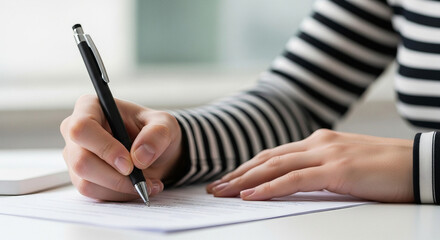 Person writing on paper with black pen wearing striped shirt in a bright and clean environment
