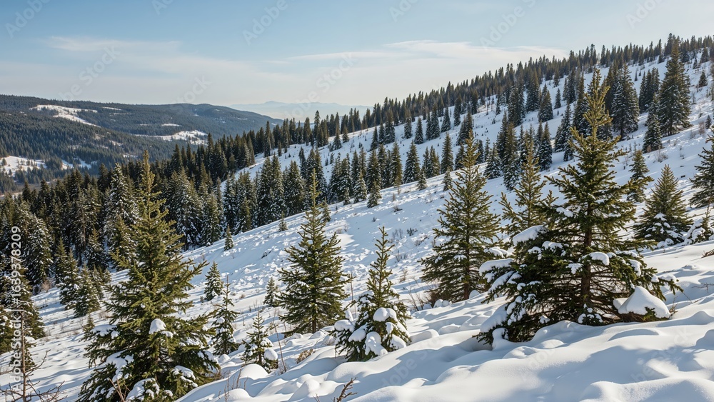 Poster chilly forest setting showcasing tiny fir trees thriving on snowy slopes
