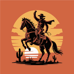 Colorful Vector illustration of cowboy riding a horse in sunrise for poster, cards, print ready