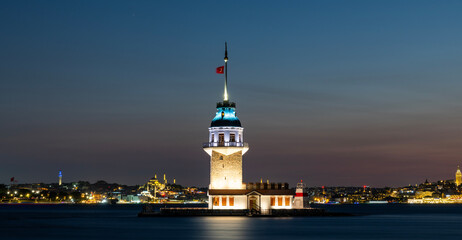 Maiden's Tower with beautiful sunset sky in Istanbul, Turkey. (Turkish Name: Kiz Kulesi). Colorful...