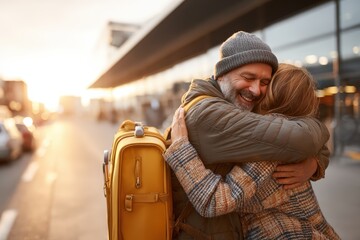 Heartwarming reunion at train station during sunset, emotional embrace of senior man and woman traveler with yellow backpack, winter attire