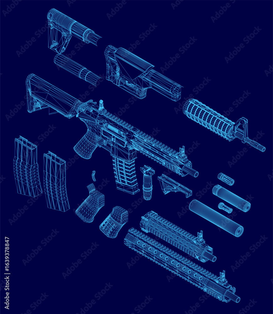 Aufkleber blueprint of an rifle with detailed wireframe components on a blue background, showcasing its modula