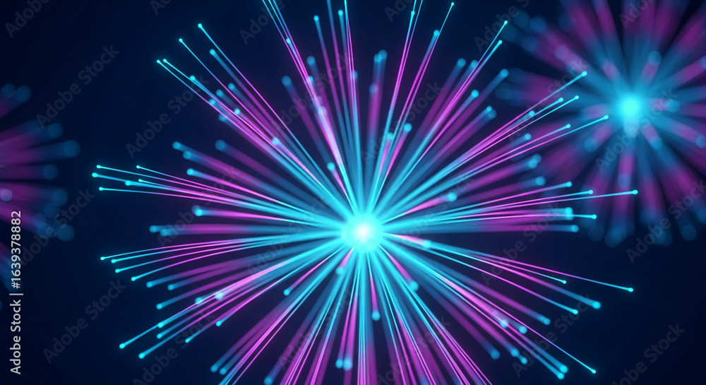 Poster abstract image of glowing blue and purple lines radiating from a central point, creating a dynamic a