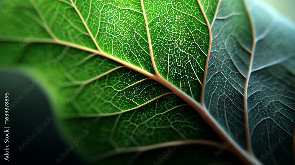 Poster detailed view of a growing leaf surface showcasing intricate patterns and textures in natural lighti