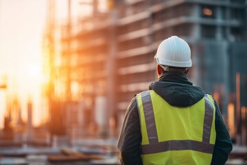 Construction worker at sunset on building site