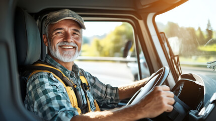 A cheerful truck driver in the cabin, enjoying the journey. The joy of the open road and a life on the move.