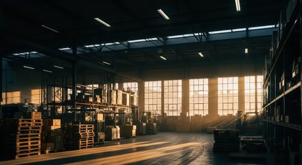 Golden Sunbeams Pierce the Shadows of a Vast Logistics Warehouse