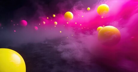 Fototapeta premium Vibrant orbs float within swirling purple, pink clouds. Dramatic lighting creates surreal, dreamy atmosphere. Mysterious, captivating scene.