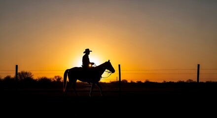 Silhouette of a Cowboy Riding a Horse at Sunset Majestic Golden Light Rural Scene Western Lifestyle and Freedom