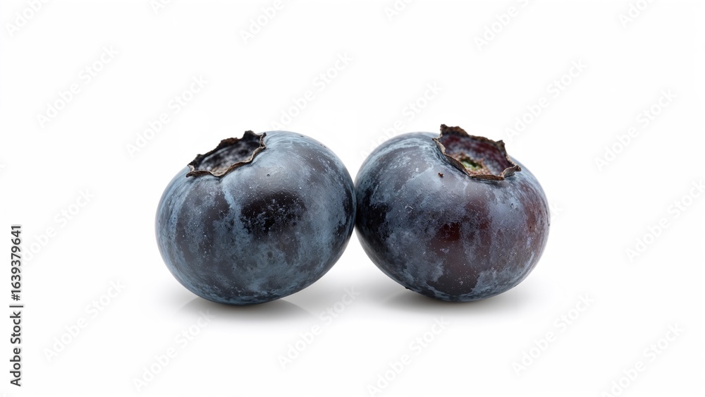 Poster a duo of blueberries set apart on a blank surface. blueberry with path for clipping. fully focused d