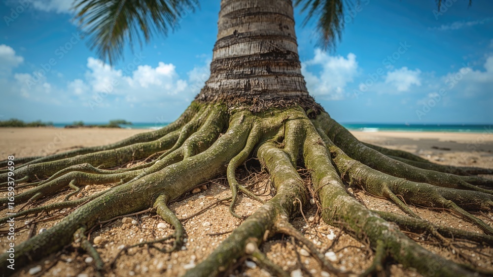 Poster close-up of palm tree roots embedded in sandy soil