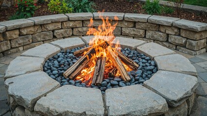 An outdoor fire pit constructed from big stones and pebbles, radiating a lively fire, great for comfortable gatherings and warm, rustic ambiance.