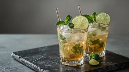 Fototapeta premium Two refreshing mojito beverages featuring fresh lime and mint leaves on a black stone slab