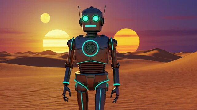 A Futuristic Robot Stands Amidst a Dual-Sunrise Landscape in a Desert Setting, Capturing the Essence of Sci-Fi and Exploration Under Two Bright Suns