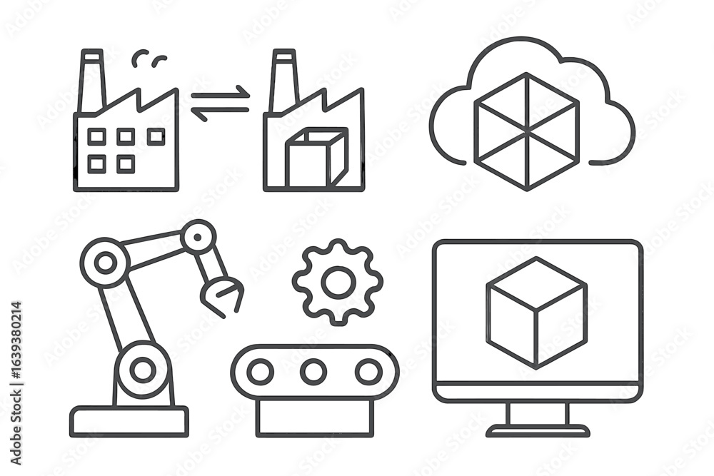Poster illustration showcasing modern industrial processes with automation, cloud computing, and robotics i
