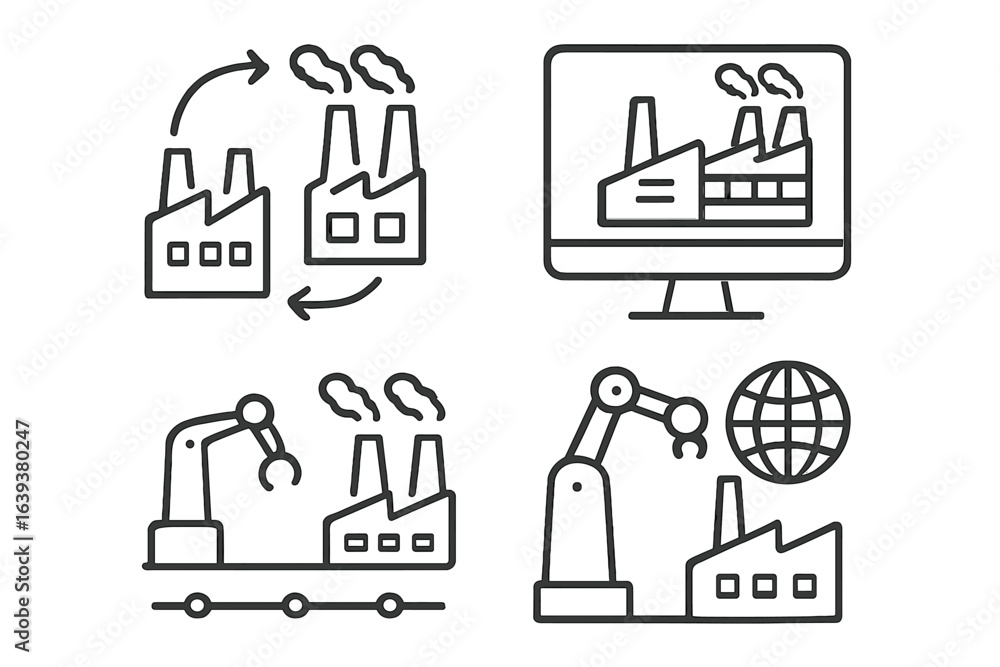 Poster exploring industrial automation concepts with factories, robotics, and digital technology in a moder