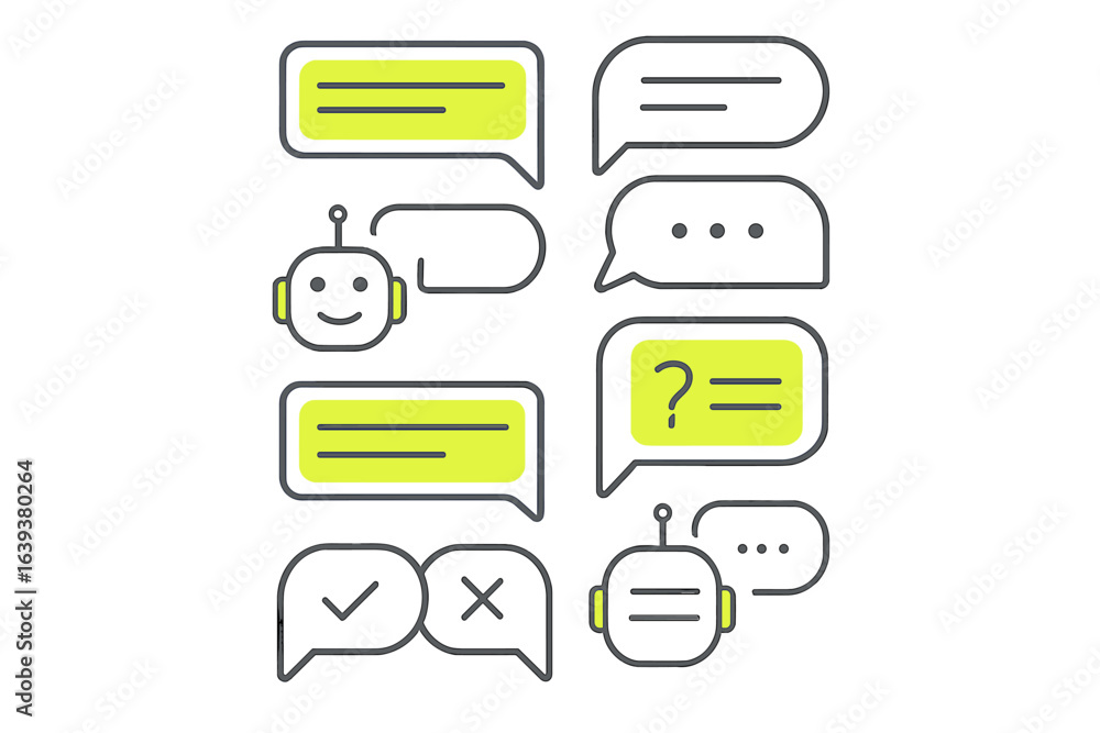 Poster chatbot interface showing various conversation bubbles and user interactions with smiley face and qu