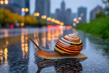 Snail crawling on wet pavement in city at dusk