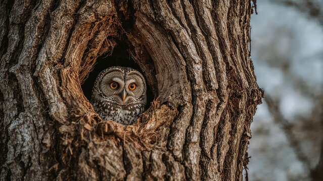 Concealed owl. Small scops owl nesting inside tree cavity at dawn. Tiny bird reveals bright yellow eyes from hollow. Also called Eurasian scops owl. Natural wildlife moment. Early morning in forest.