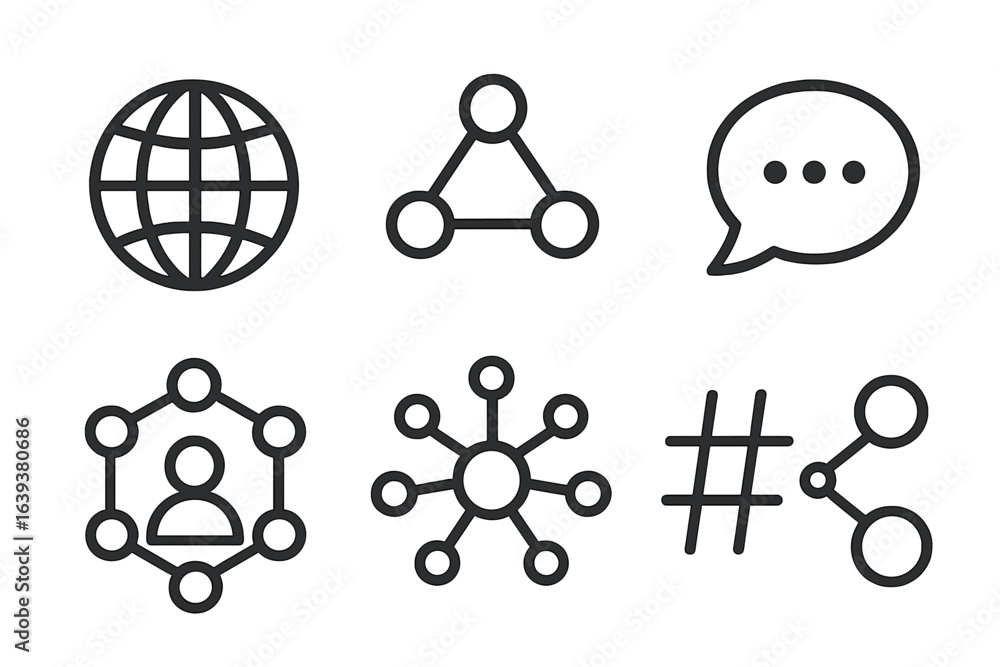 Poster visual representation of global connectivity and communication through network icons displayed in a 