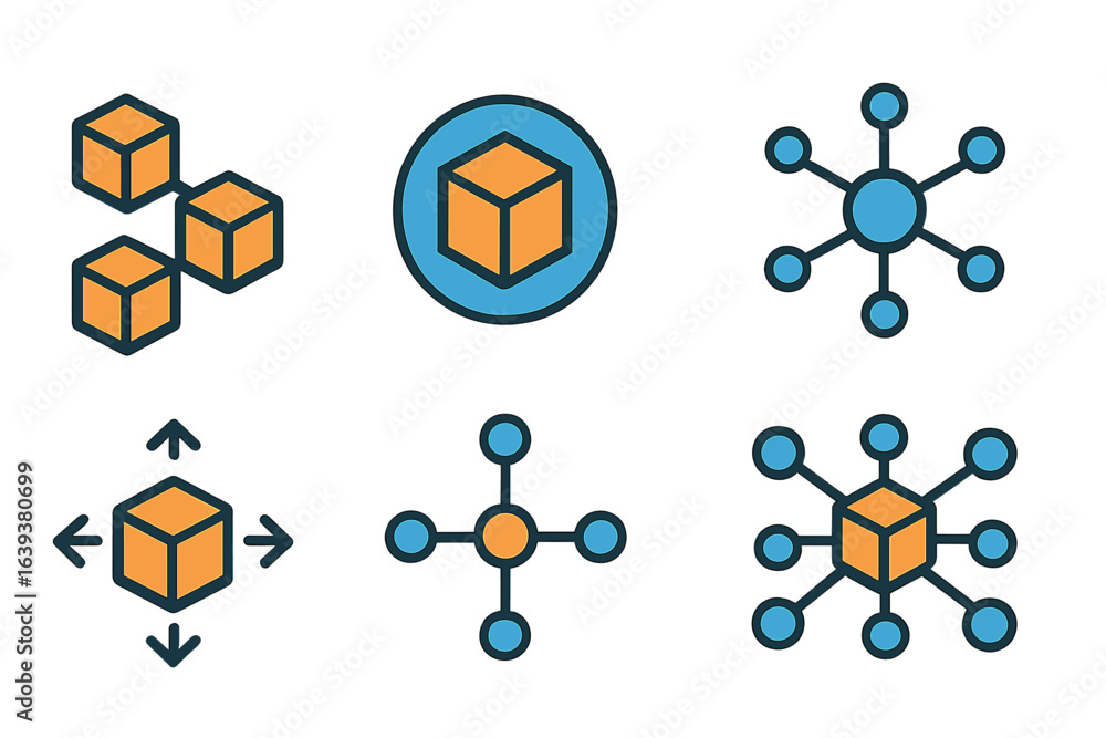 Aufkleber vector icons representing various data structures and networks with diverse layouts and designs in a