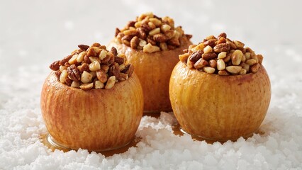 Apples Stuffed with Nut Filling Baked and Displayed on White