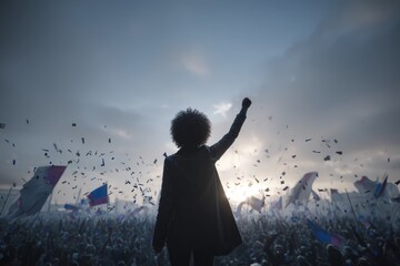 Inspiring silhouette of a person raising fist amidst crowd and flags at a powerful public rally, symbolizing unity, strength, change, and social activism in a vibrant setting