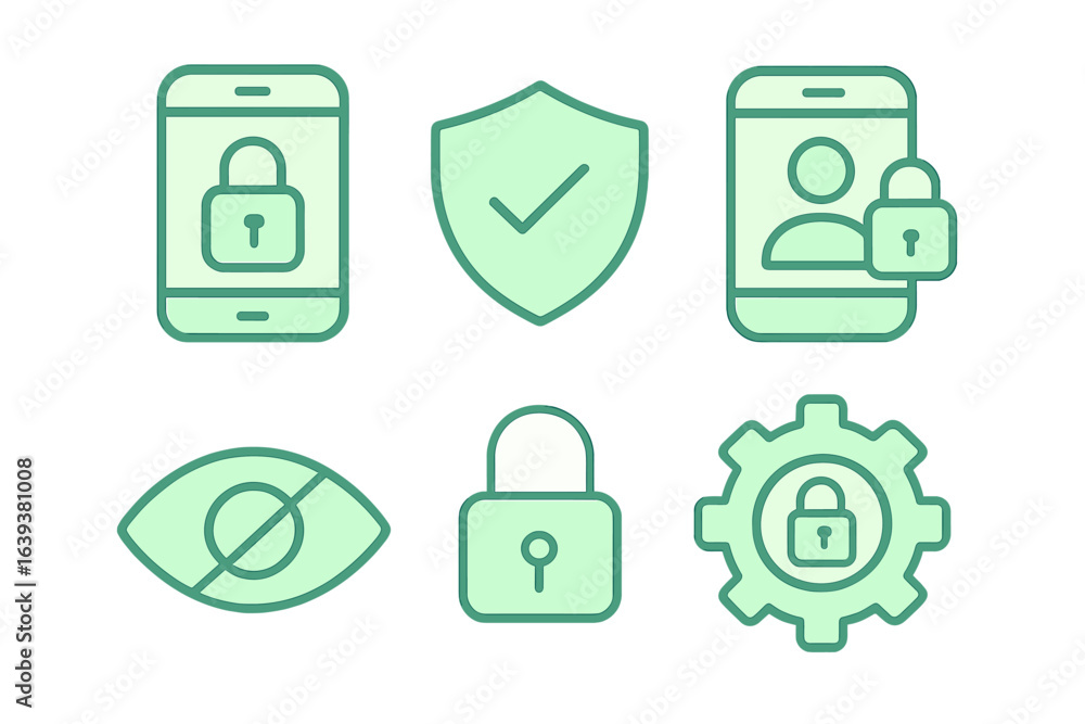 Poster icons representing digital security and privacy features for mobile applications in a modern design