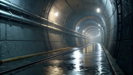 Mysterious dark tunnel with wet floor, pipes, and glowing lights receding into distance