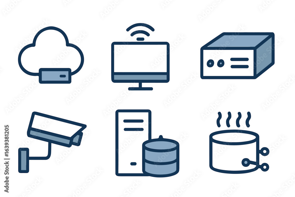 Poster surveillance system elements and cloud computing icons with database and server illustrations