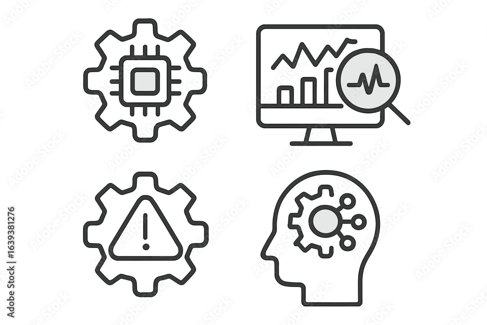Poster Technology symbols representing data analysis and processing tasks in a digital environment with a modern design