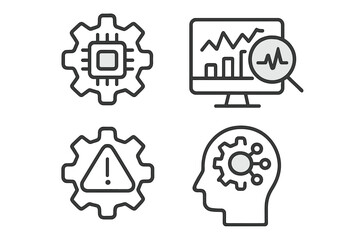 Technology symbols representing data analysis and processing tasks in a digital environment with a modern design