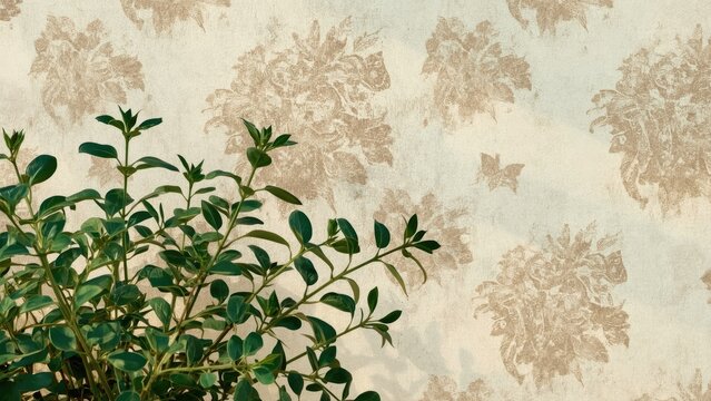 Abstract floral pattern with green foliage and textured wall background