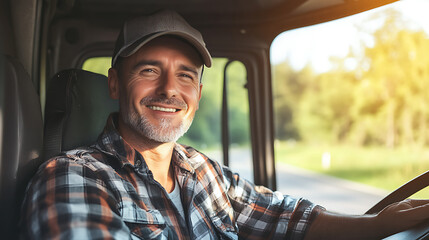 A cheerful truck driver in the cabin, enjoying the journey. The joy of the open road and a life on the move.