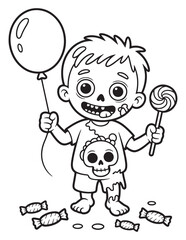 Creepy zombie boy holding skull and balloon in spooky Halloween cartoon line art coloring page illustration
