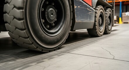 Grounded Power: Low-Angle View of Heavy Forklift Wheels on a Cracked Concrete Floor